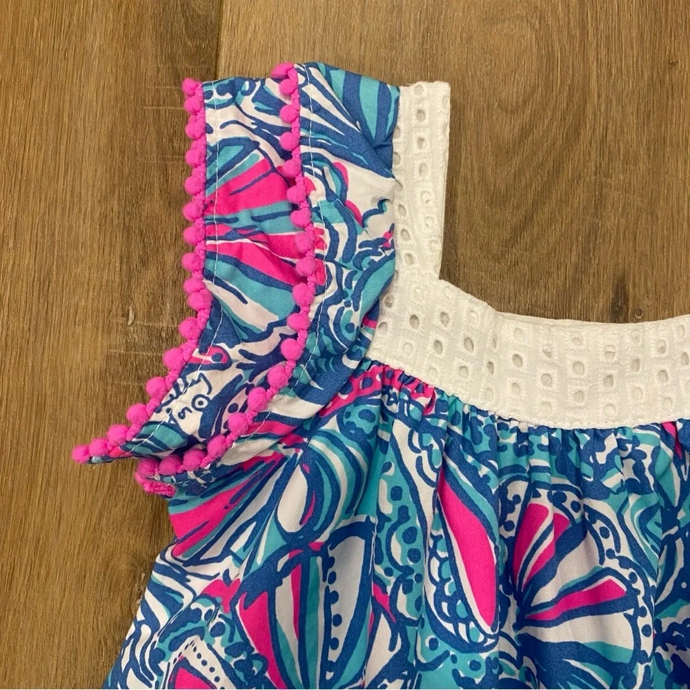 🌟LILLY PULITZER🌟 GIRLS FLORAL PRINT DRESS EYELET TRIM BLUE / PINK SZ 18M